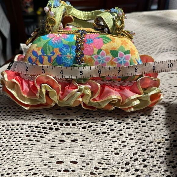 Mary Frances Floral Beaded Ruffled Small Handbag Pink Yellow - Picture 8 of 12